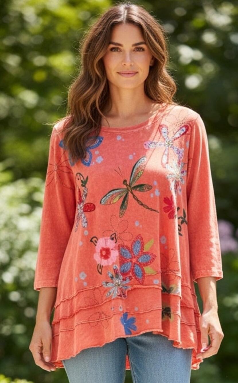 Jess & Jane Top Artsy Flowy Tunic Floral Dragonfly Coral 100% Cotton Small